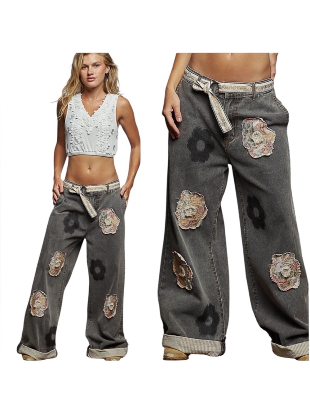 POL Cotton Wide-Leg Pants Black Wash with Floral patched Pants